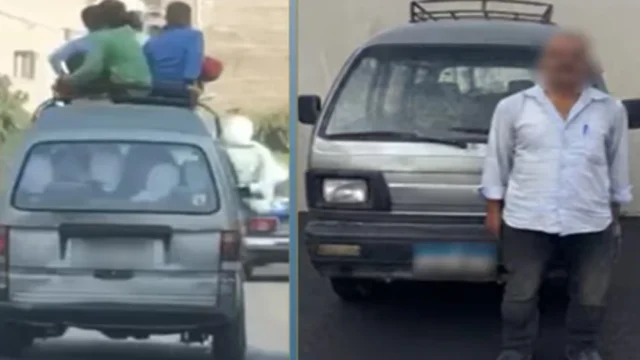 ضبط سائق فان سمح لطلاب بالجلوس فوق سقف السيارة في النهضة