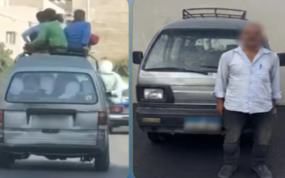 ضبط سائق فان سمح لطلاب بالجلوس فوق سقف السيارة في النهضة